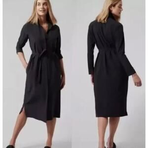 NWOT Athleta Urbanite Womens Shirtdress Black Tie Waist Pockets Long‎ Sleeve L/P